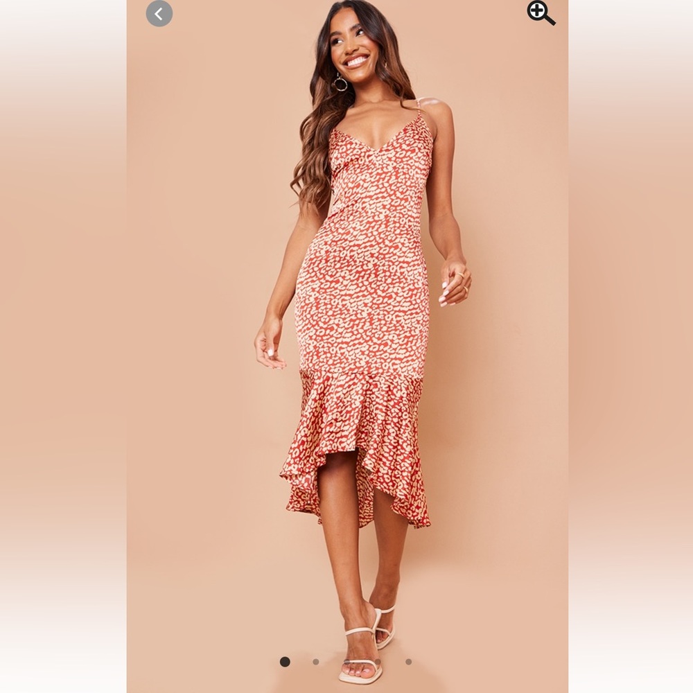 Red leopard print frill hem midi dress